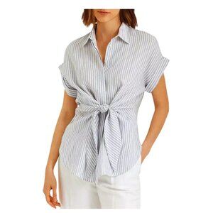 Lauren Ralph Lauren Women's Black Label Linen Striped Blue Button Tie Front, LG